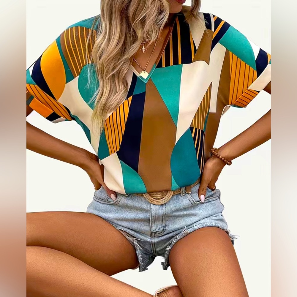Women’s Top Blouse Geometric Print V Neck Short Sleeves Green Plus Size XL
